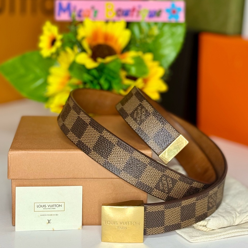 Auth Louis Vuitton EUC Brown Damier Ebene Canvas Belt w/Gold Buckle Plate w/box
